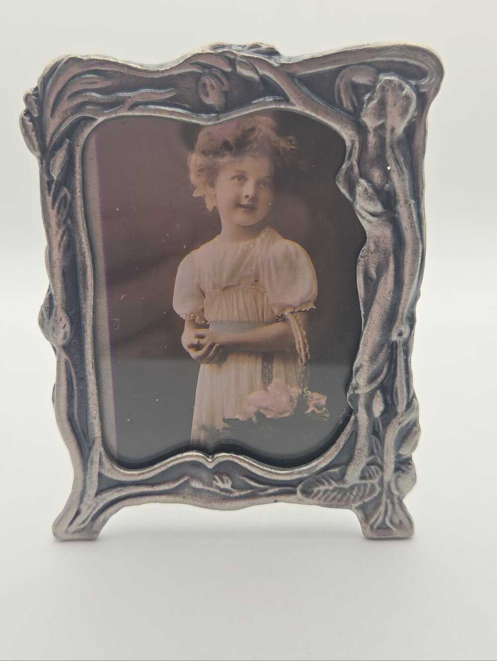 Vintage Art Nouveau Style Pewter Tone 2x3 Picture Frame Woman Figural Floral